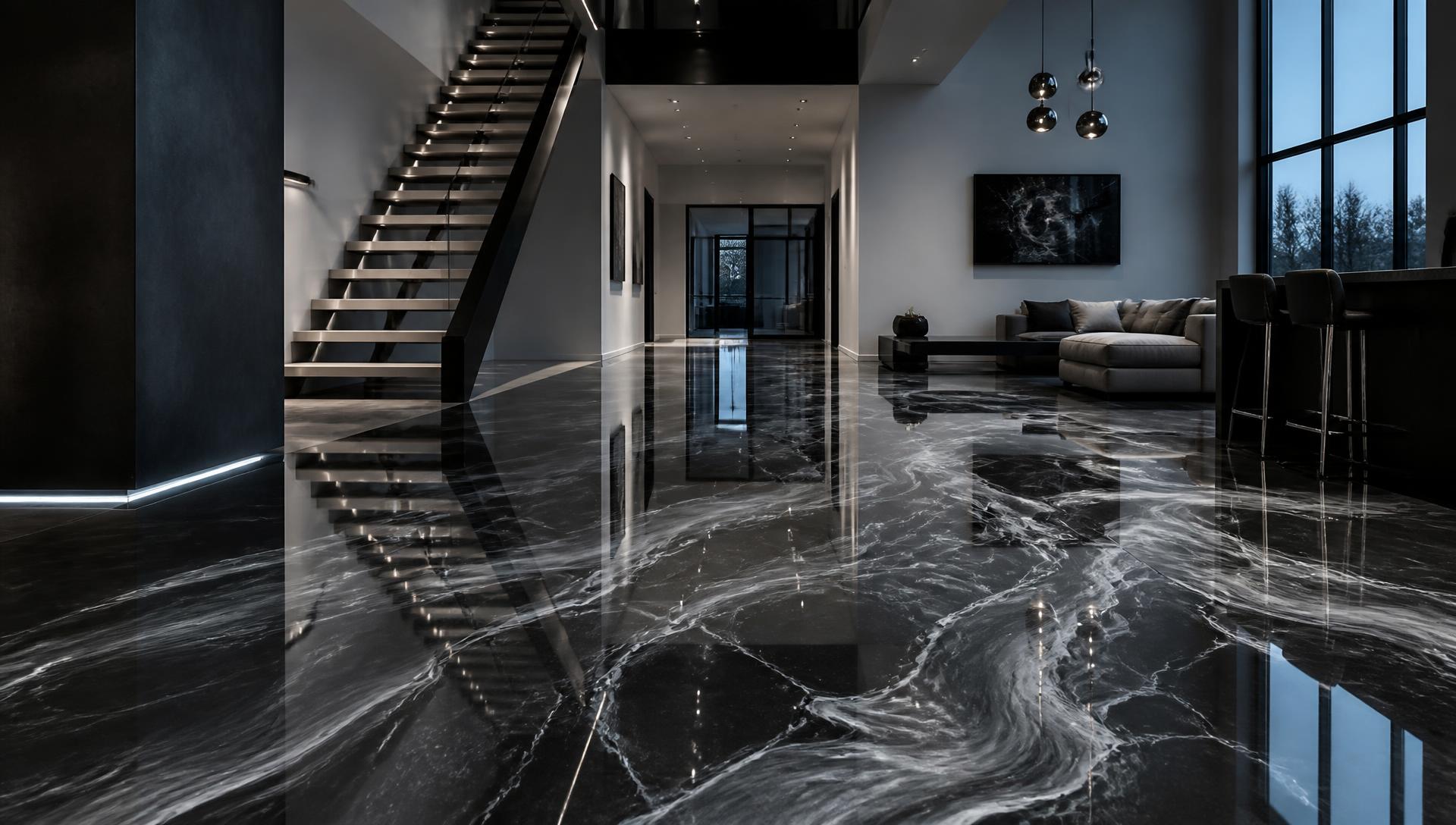 Sol en résine époxy noir métallisé miroir dans un loft contemporain